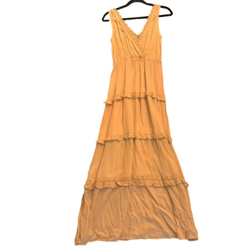 ASOS DESIGN Sleeveless Tiered Crinkle Maxi Dress with Lace Inserts - Peach Sz 2